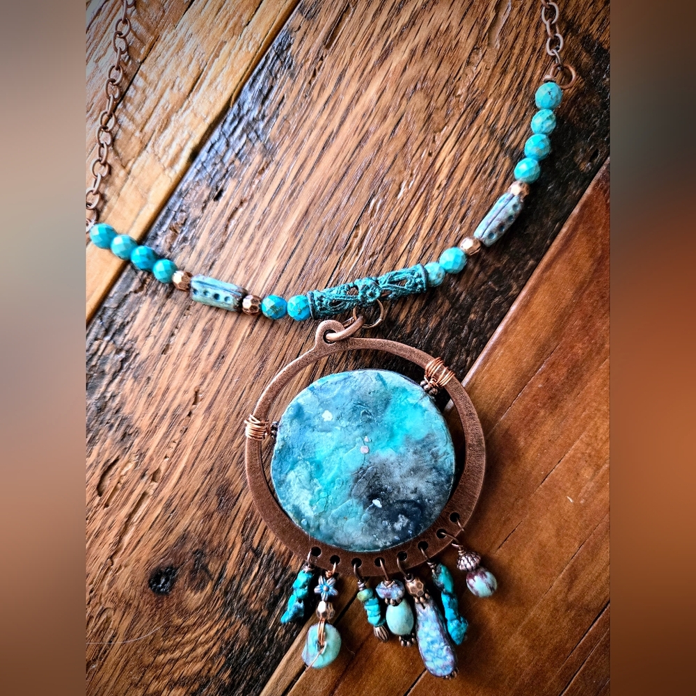Rugged & Weathered Roman Inspired Empress Verdigris Clay & Turquoise Necklace - Picture 8 of 11